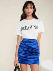 SHEIN Privé Ruched Satin Mini Skirt - Royal Blue - View 4
