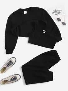 SHEIN Conjunto De Super Crop Pullover Y Pantalones De Chándal Para Niñas Preadolescentes Con Tanque - Negro - Ver 1