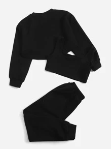 SHEIN Conjunto De Super Crop Pullover Y Pantalones De Chándal Para Niñas Preadolescentes Con Tanque - Negro - Ver 2