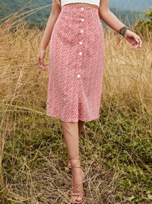 SHEIN VCAY Váy nữ Chia Nút phía trước Họa tiết hoa Boho - Đỏ và trắng - Xem 1