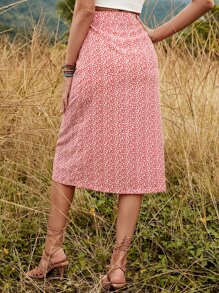 SHEIN VCAY Váy nữ Chia Nút phía trước Họa tiết hoa Boho - Đỏ và trắng - Xem 2