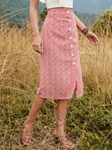 SHEIN VCAY Váy nữ Chia Nút phía trước Họa tiết hoa Boho - Đỏ và trắng - Xem 3