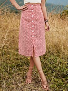 SHEIN VCAY Váy nữ Chia Nút phía trước Họa tiết hoa Boho - Đỏ và trắng - Xem 6