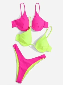SHEIN Swim Colorblock Bikini Set 2Pcs Underwire Push Up Bra & High Cut Bottom 3 Pieces Bikini Summer Beach - Multicolor - View 1