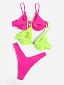 SHEIN Swim Colorblock Bikini Set 2Pcs Underwire Push Up Bra & High Cut Bottom 3 Pieces Bikini Summer Beach - Multicolor - View 2