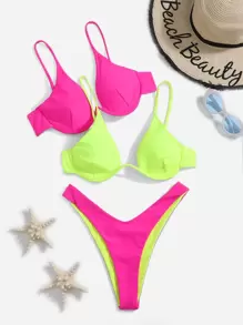 SHEIN Swim Colorblock Bikini Set 2Pcs Underwire Push Up Bra & High Cut Bottom 3 Pieces Bikini Summer Beach - Multicolor - View 5