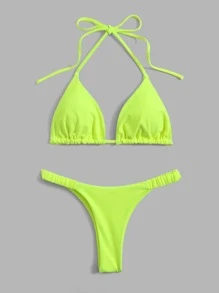 Swim Basics Summer Beach Halter Triangle Neon Bikini Bathing Suit - Lime Green - View 1