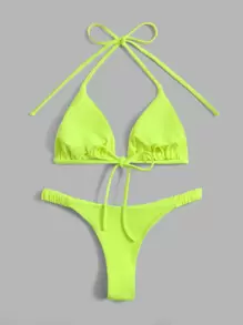 Swim Basics Summer Beach Halter Triangle Neon Bikini Bathing Suit - Lime Green - View 2