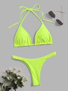 Swim Basics Summer Beach Halter Triangle Neon Bikini Bathing Suit - Lime Green - View 5