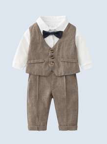 Baby Boy Bow Front Bodysuit & Blazer Waistcoat & Suspender Pants & Hat