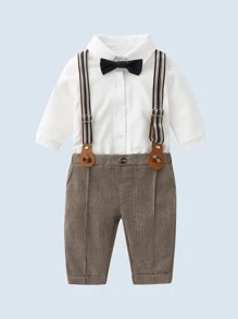 Baby Boy Bow Front Bodysuit & Blazer Waistcoat & Suspender Pants & Hat