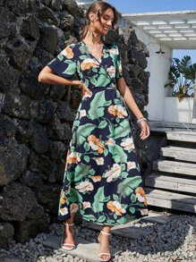 熱帶圖案圍裹式連衣裙 - 彩色 - 查看 7