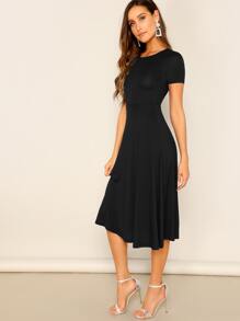 SHEIN Clasi Solid Round Neck A-line Dress - Black - View 3