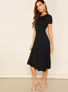 SHEIN Clasi Solid Round Neck A-line Dress - Black - View 5