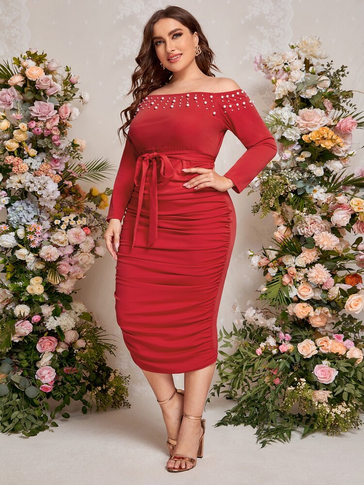 SHEIN Plus Off The Shoulder Pearl Beaded Ruched Bodycon Dress - Red - View 2