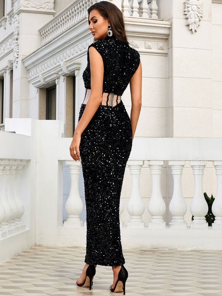 Missord Mock Neck Sheer Mesh Insert Sequin Prom Dress - Black - View 2