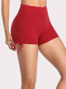 VUTRU Wide Waistband Drawstring Knot Sports Shorts - Red - View 1