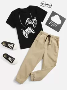 SHEIN Leap Crew Young Boy Graphic Print Tee & Drawstring Waist Pants - Multicolor - View 1