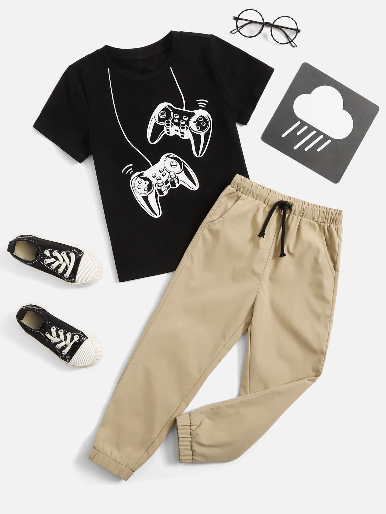 SHEIN Leap Crew Young Boy Graphic Print Tee & Drawstring Waist Pants - Multicolor - View 1