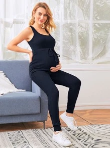 SHEIN Bộ đồ liền thân Bà bầu Dây kéo Gân đan màu trơn Giải trí - Màu xanh hải quân - Xem 1