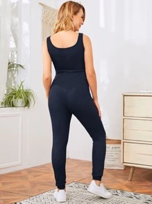 SHEIN Bộ đồ liền thân Bà bầu Dây kéo Gân đan màu trơn Giải trí - Màu xanh hải quân - Xem 2