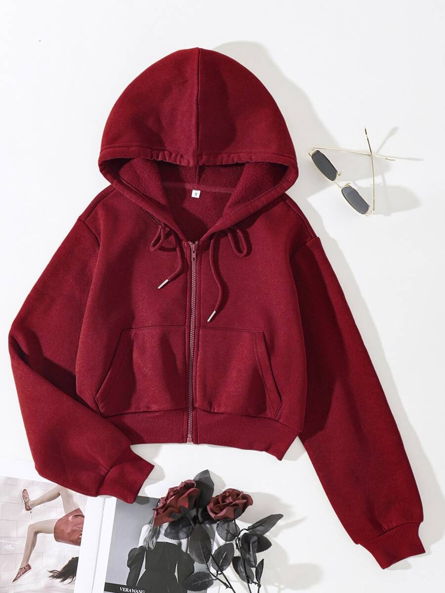 SHEIN EZwear 素色抽繩拉鏈開襟短款保暖連帽衫 - 酒紅色 - 查看 1