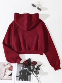 SHEIN EZwear 素色抽繩拉鏈開襟短款保暖連帽衫 - 酒紅色 - 查看 2