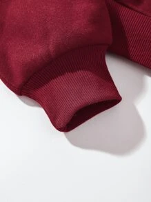 SHEIN EZwear 素色抽繩拉鏈開襟短款保暖連帽衫 - 酒紅色 - 查看 3