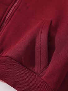 SHEIN EZwear 素色抽繩拉鏈開襟短款保暖連帽衫 - 酒紅色 - 查看 5