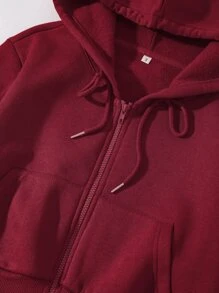 SHEIN EZwear 素色抽繩拉鏈開襟短款保暖連帽衫 - 酒紅色 - 查看 6