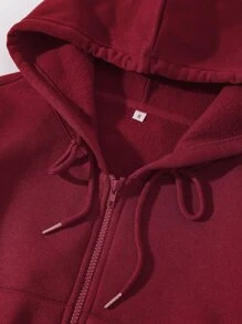 SHEIN EZwear 素色抽繩拉鏈開襟短款保暖連帽衫 - 酒紅色 - 查看 8