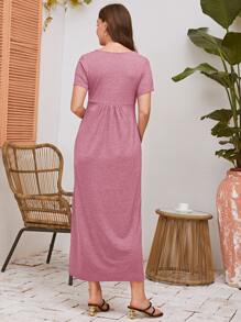 SHEIN Maternity Surplice Neck Ruched Detail Solid Dress - Dusty Pink - View 2