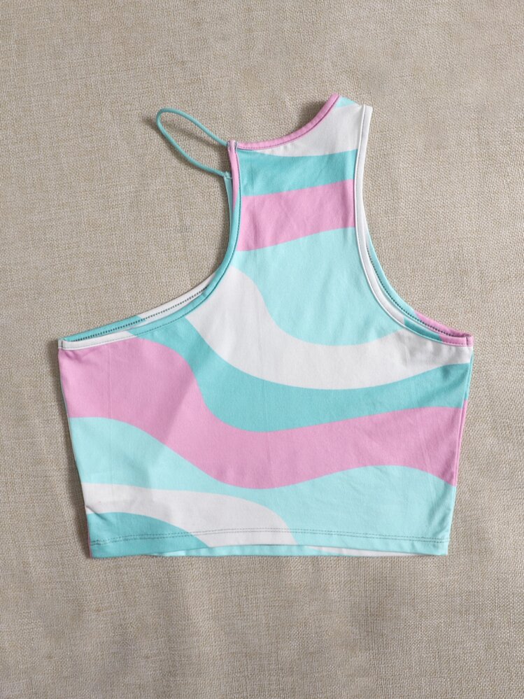 SHEIN EZwear Top corto con estampado de dibujo de cuello asimétrico - Multicolor - Añade 2