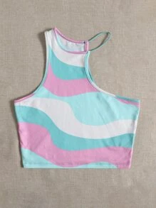 SHEIN EZwear Graphic Print Asymmetrical Neck Crop Top - Multicolor - View 3