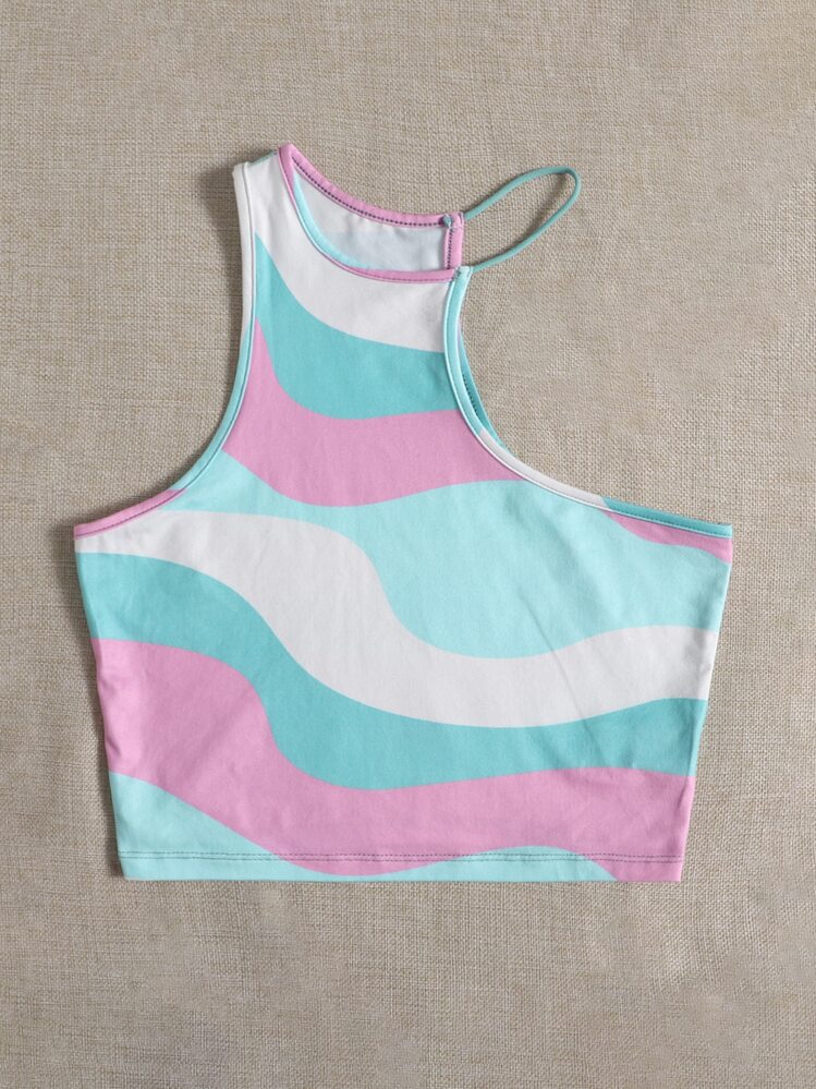 SHEIN EZwear Top corto con estampado de dibujo de cuello asimétrico - Multicolor - Añade 3