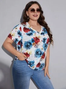 SHEIN 大碼花卉圖案和骷髅圖案V領T恤 - 彩色 - 查看 1