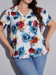 SHEIN 大碼花卉圖案和骷髅圖案V領T恤 - 彩色 - 查看 3