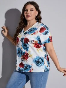 SHEIN 大碼花卉圖案和骷髅圖案V領T恤 - 彩色 - 查看 4