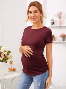SHEIN Maternity Solid Short Sleeve Tee - Maroon - View 1