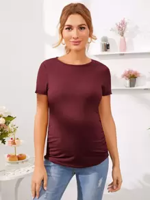 SHEIN Maternity Solid Short Sleeve Tee - Maroon - View 3