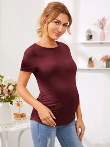SHEIN Maternity Solid Short Sleeve Tee - Maroon - View 4
