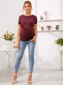 SHEIN Maternity Solid Short Sleeve Tee - Maroon - View 5