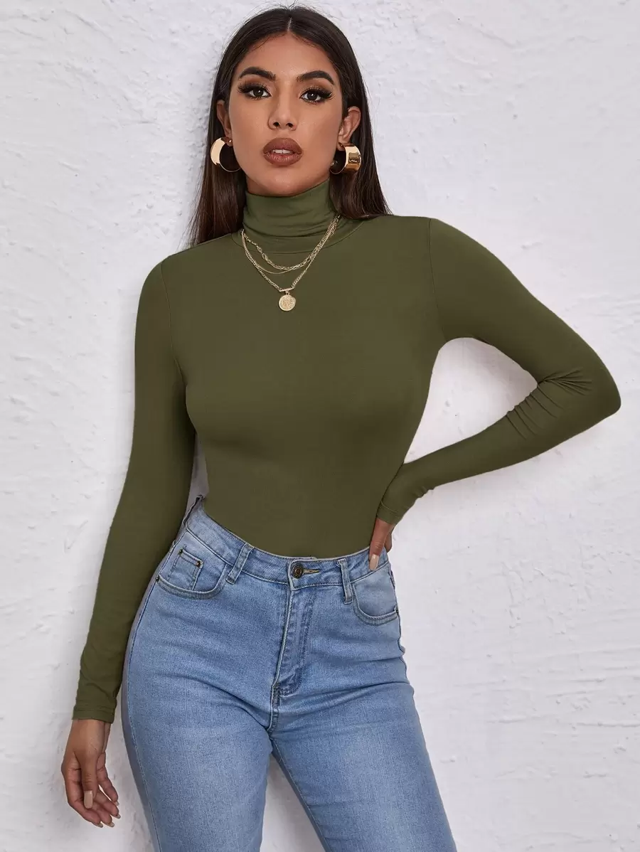 RueChic Solid Color Stretchy Form-Fitting Turtleneck Women's Top, Work Outfit - Army Green - View 1