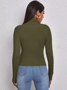 RueChic Solid Color Stretchy Form-Fitting Turtleneck Women's Top, Work Outfit - Army Green - View 2