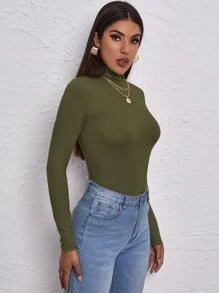RueChic Solid Color Stretchy Form-Fitting Turtleneck Women's Top, Work Outfit - Army Green - View 3