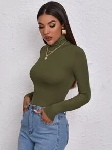 RueChic Solid Color Stretchy Form-Fitting Turtleneck Women's Top, Work Outfit - Army Green - View 5