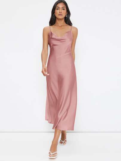 BizChic Women's Elegant Satin Slip Dress With Draped Neckline, Long Length, Suitable For Weddings, Business Casual, Concerts, And Wedding Guest Attire