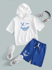 SHEIN Boys Cartoon Graphic Hoodie & Shorts Set - Blue and White - View 1