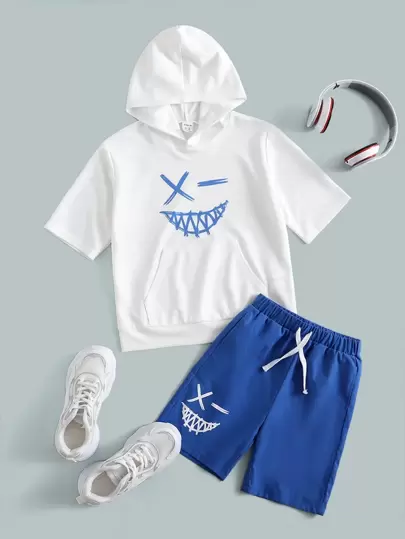 SHEIN Boys Cartoon Graphic Hoodie & Shorts Set