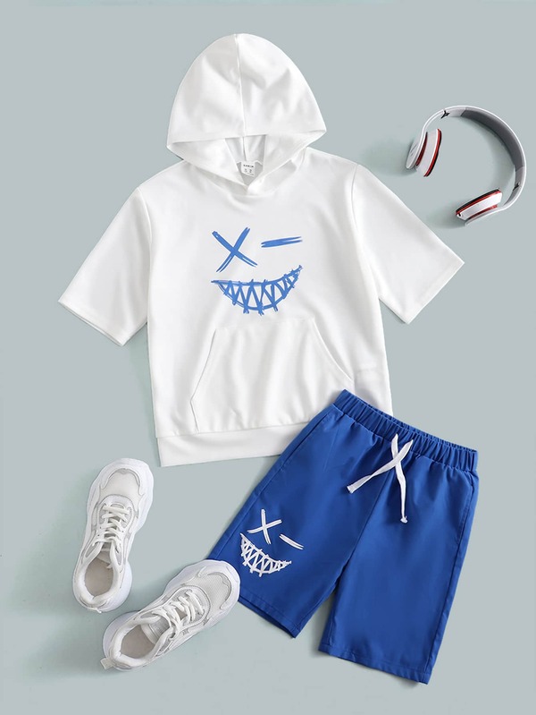 SHEIN Boys Cartoon Graphic Hoodie & Shorts Set